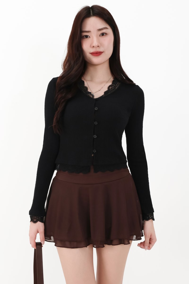 RESTOCKS | Rayn Ribbed Lace Trim Cardigan in Black