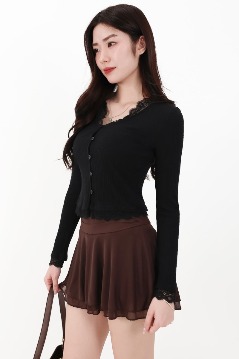 RESTOCKS | Rayn Ribbed Lace Trim Cardigan in Black