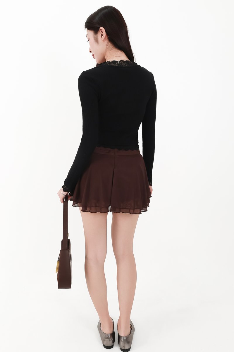 RESTOCKS | Rayn Ribbed Lace Trim Cardigan in Black