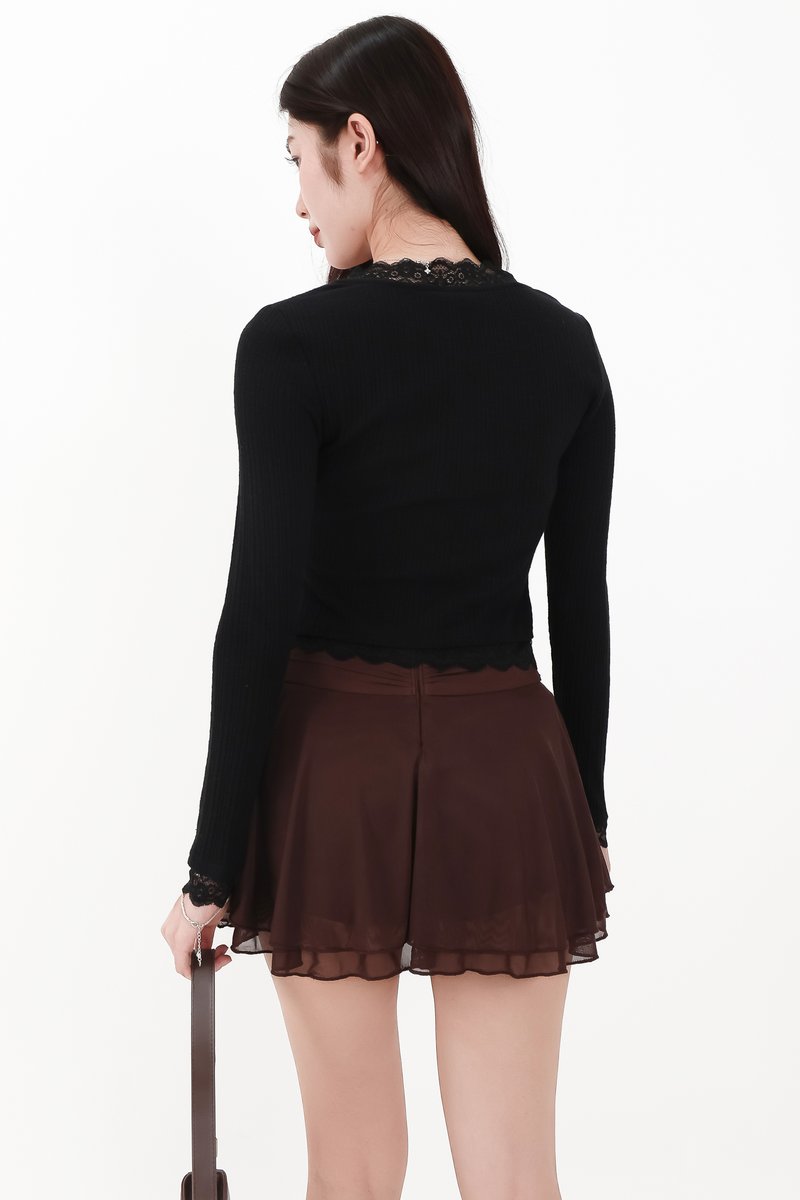 RESTOCKS | Rayn Ribbed Lace Trim Cardigan in Black