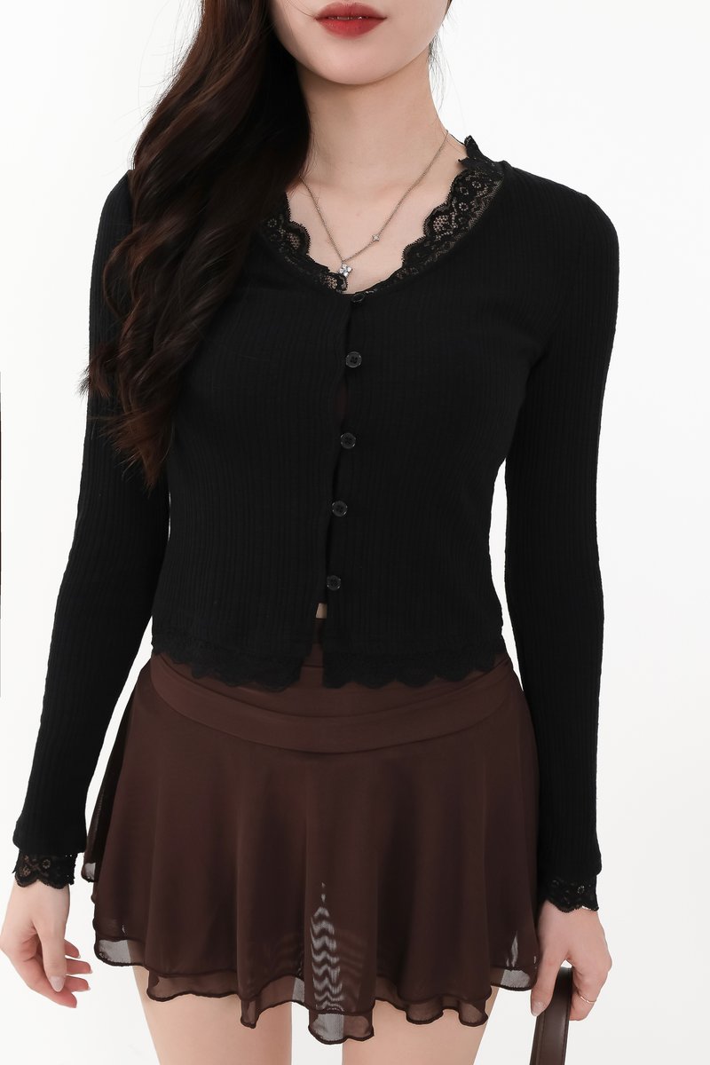 RESTOCKS | Rayn Ribbed Lace Trim Cardigan in Black