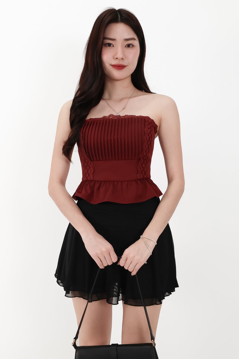 Pam Pleated Peplum Two Way Top in Dark Red