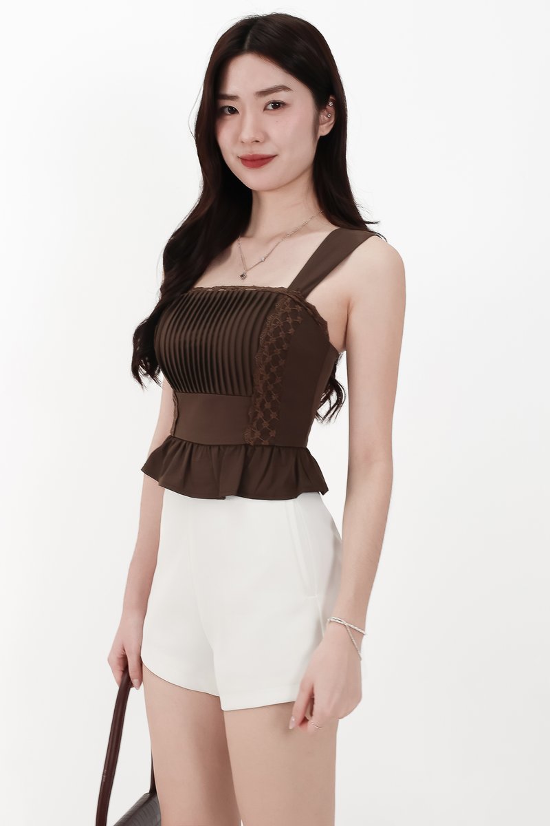 Pam Pleated Peplum Two Way Top in Dark Brown