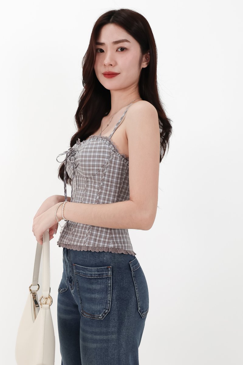 RESTOCKS | Piona Plaid Bustier Top in Brown Grey Plaid