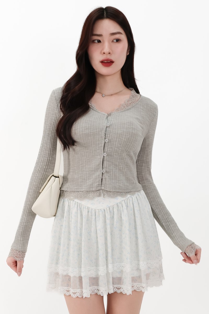 RESTOCKS | Rayn Ribbed Lace Trim Cardigan in Light Grey