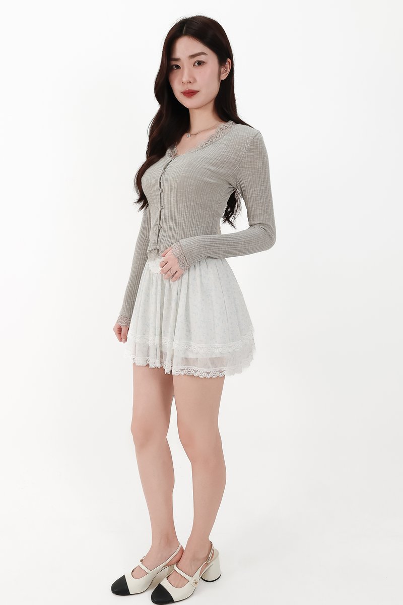 RESTOCKS | Rayn Ribbed Lace Trim Cardigan in Light Grey