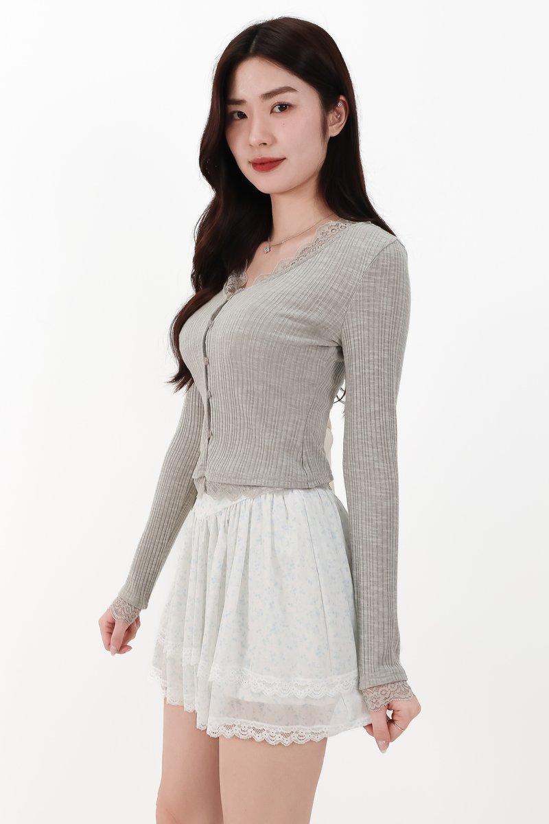 RESTOCKS | Rayn Ribbed Lace Trim Cardigan in Light Grey