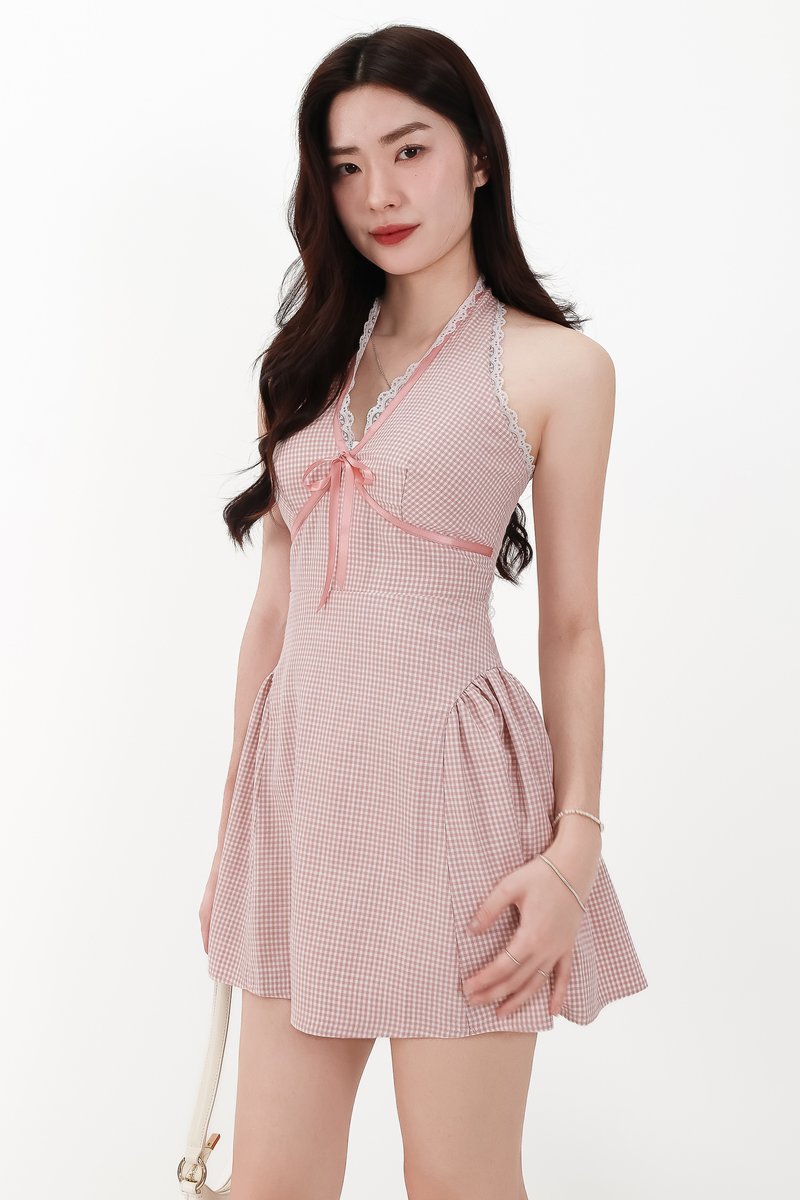CNY2026 | Ginny Gingham Halter Romper Dress in Soft Pink