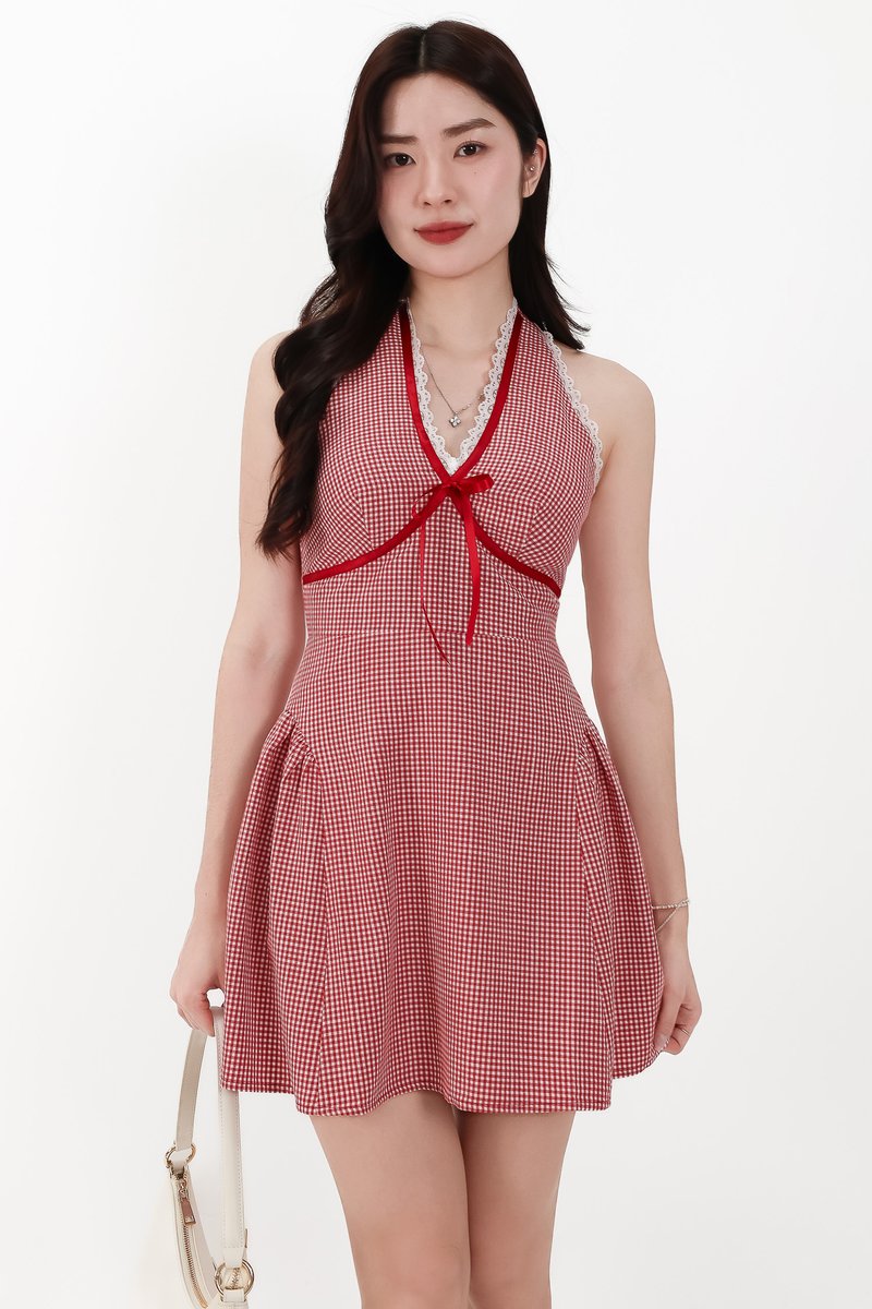 CNY2026 | Ginny Gingham Halter Romper Dress in Dark Red