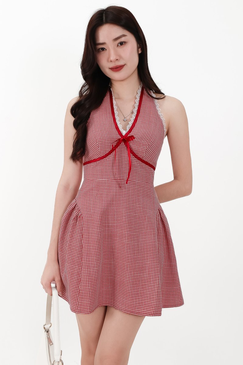 CNY2026 | Ginny Gingham Halter Romper Dress in Dark Red