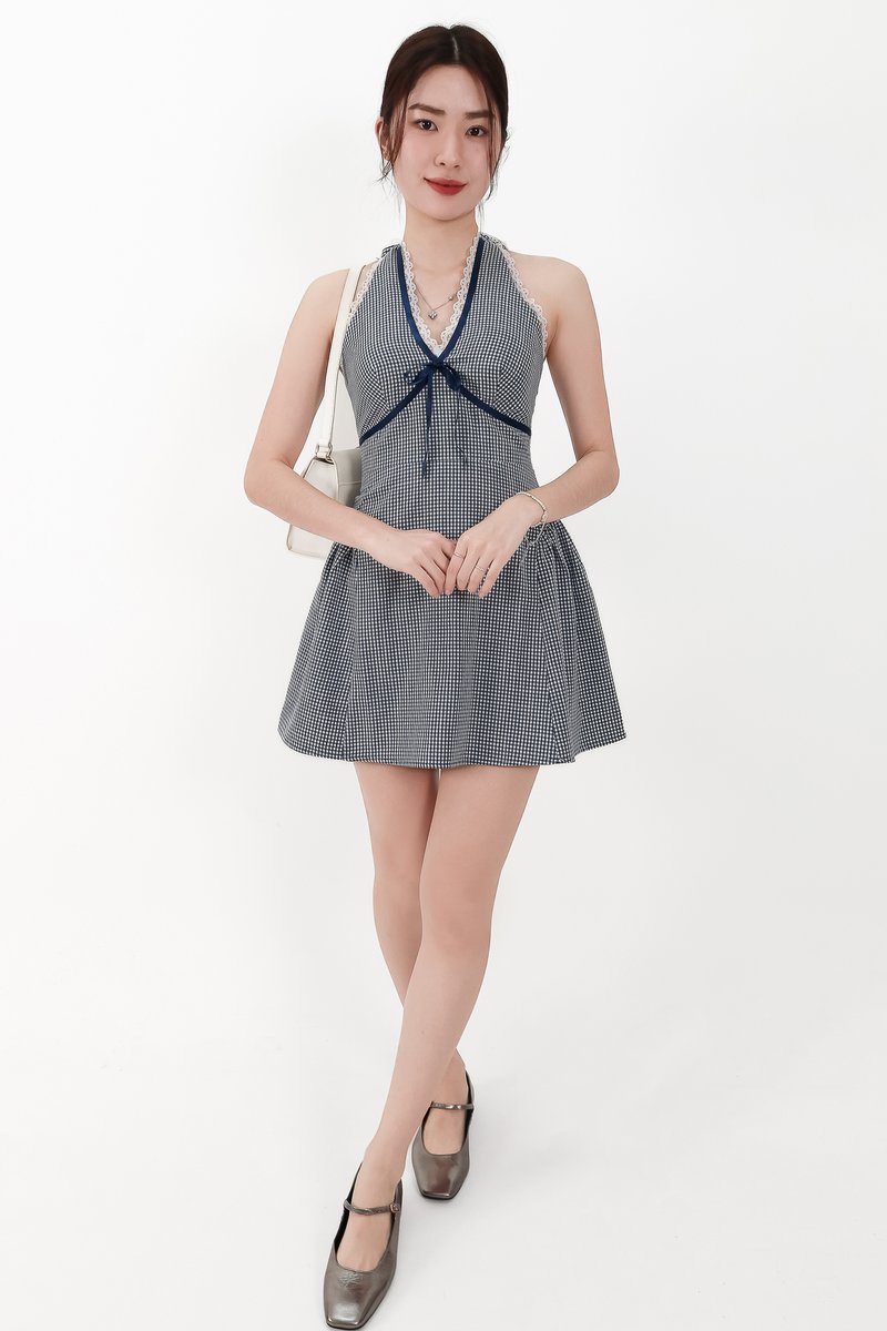 CNY2026 | Ginny Gingham Halter Romper Dress in Midnight Navy