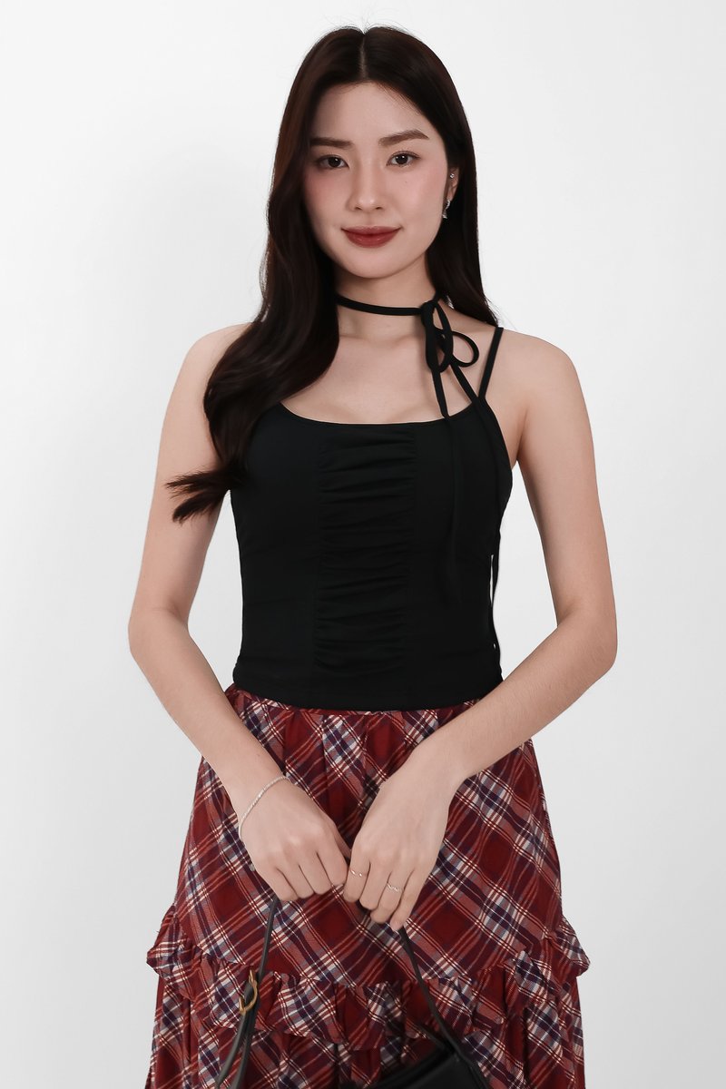 Roxanne Ruched Top with Sash in Black