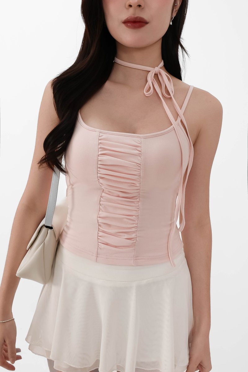 Roxanne Ruched Top with Sash in Light Pink