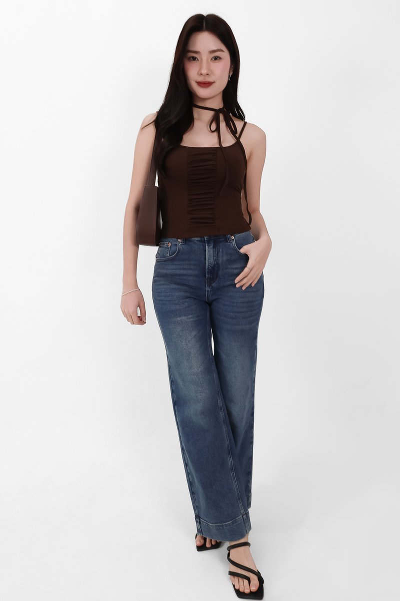 Roxanne Ruched Top with Sash in Brown