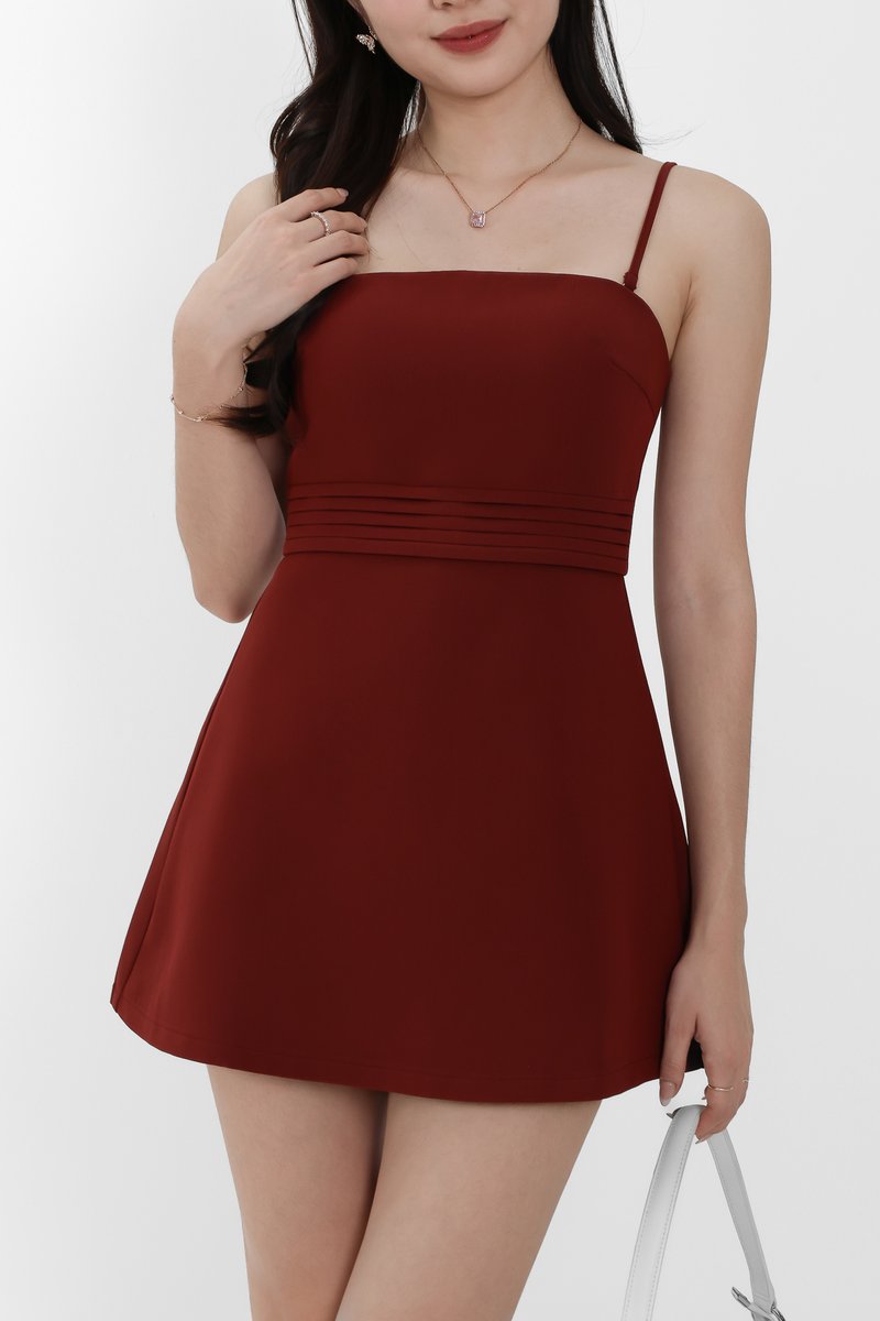 Francie Flare Romper Dress in Dark Red