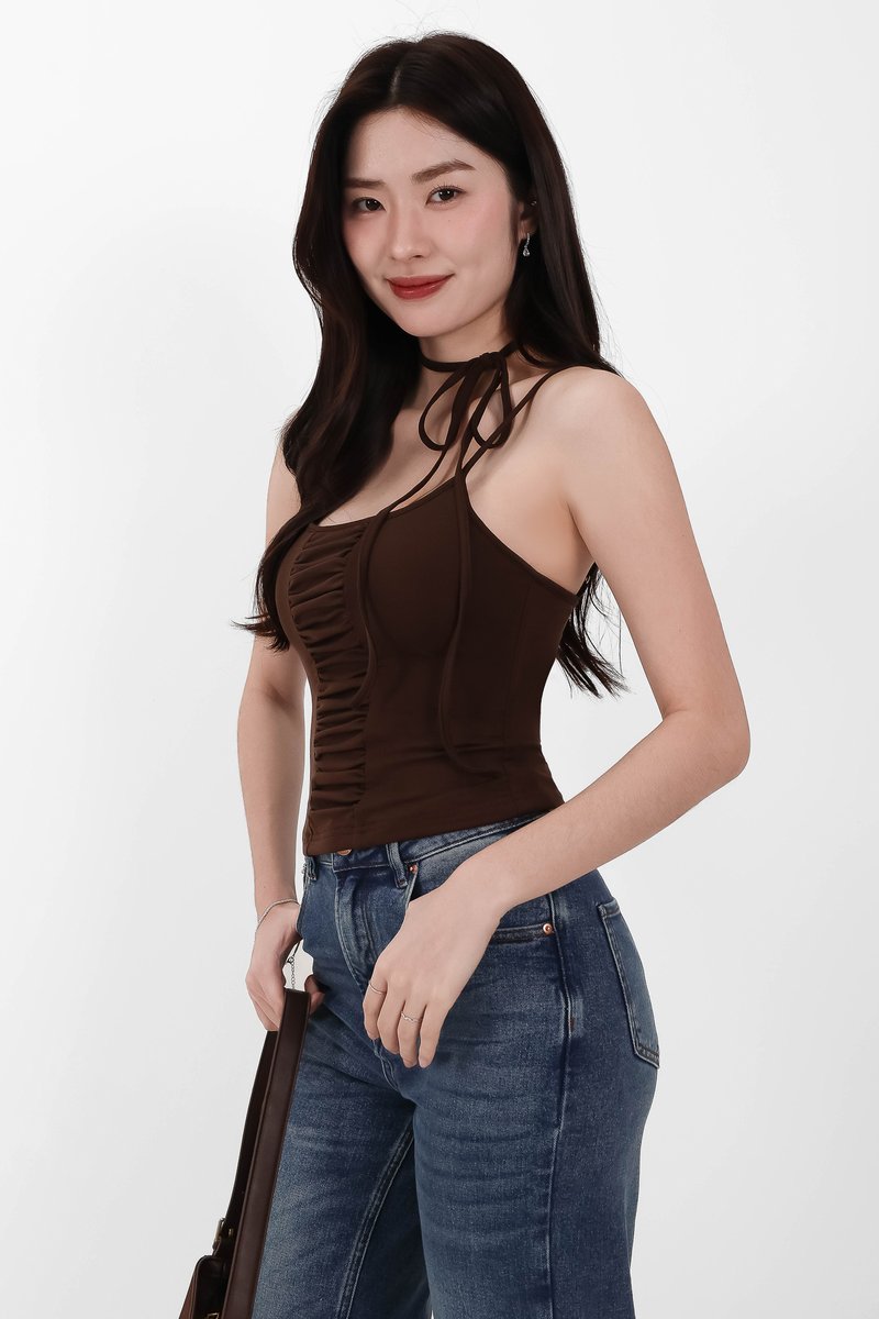Roxanne Ruched Top with Sash in Brown
