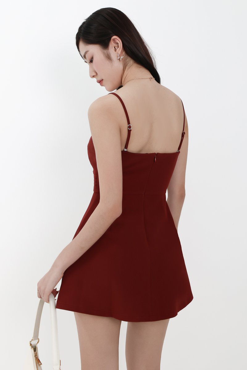 Francie Flare Romper Dress in Dark Red