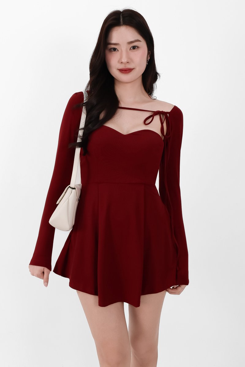 Bambi Bolero Romper Dress Set in Dark Red