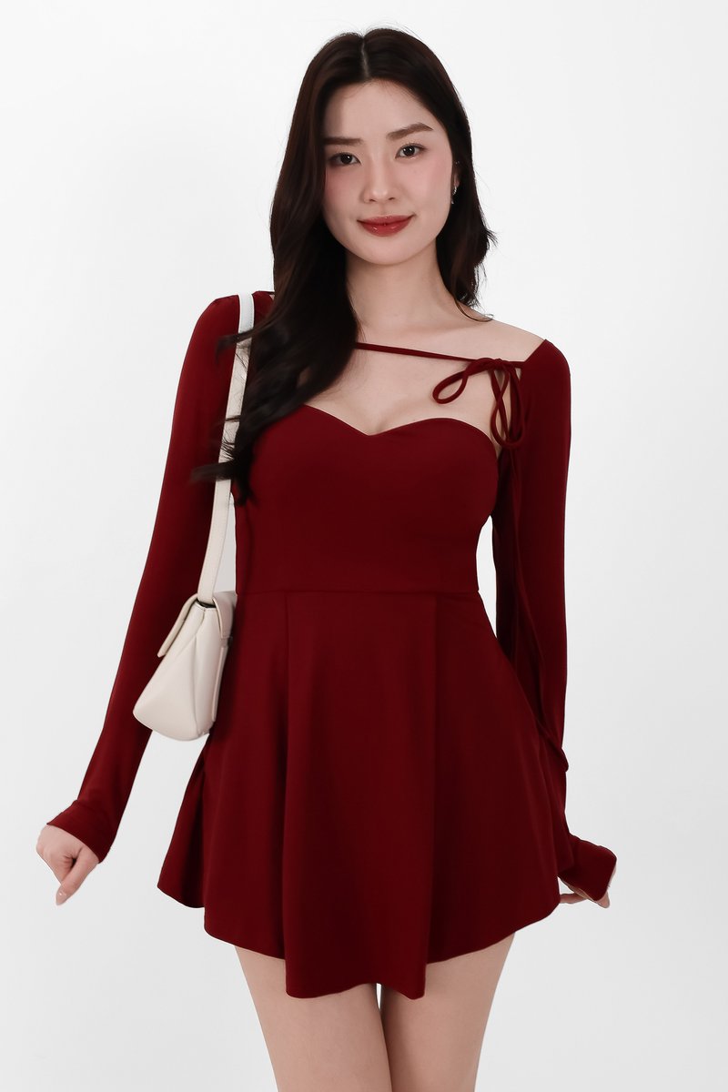 Bambi Bolero Romper Dress Set in Dark Red