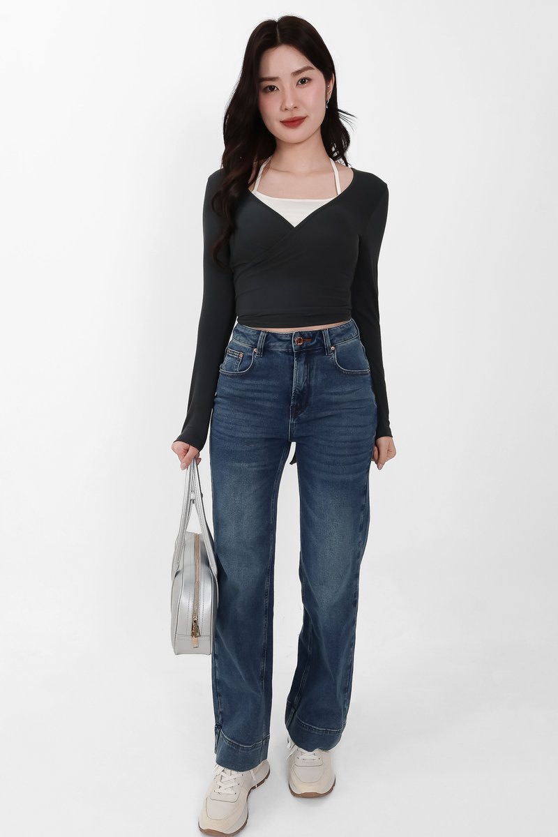 Wendy Wrap Sleeved Top in Dark Grey