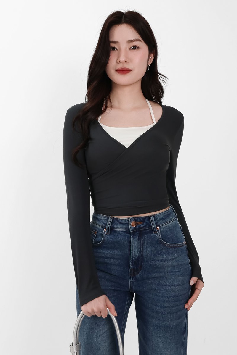 Wendy Wrap Sleeved Top in Dark Grey