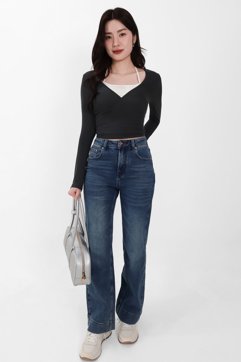 Wendy Wrap Sleeved Top in Dark Grey