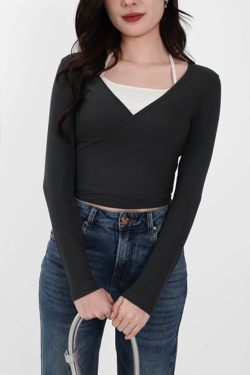 Wendy Wrap Sleeved Top in Dark Grey