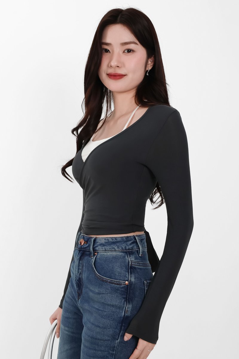 Wendy Wrap Sleeved Top in Dark Grey