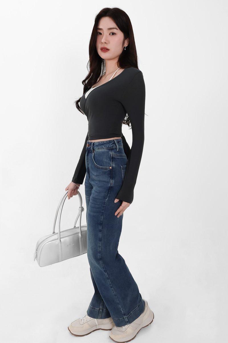 Wendy Wrap Sleeved Top in Dark Grey