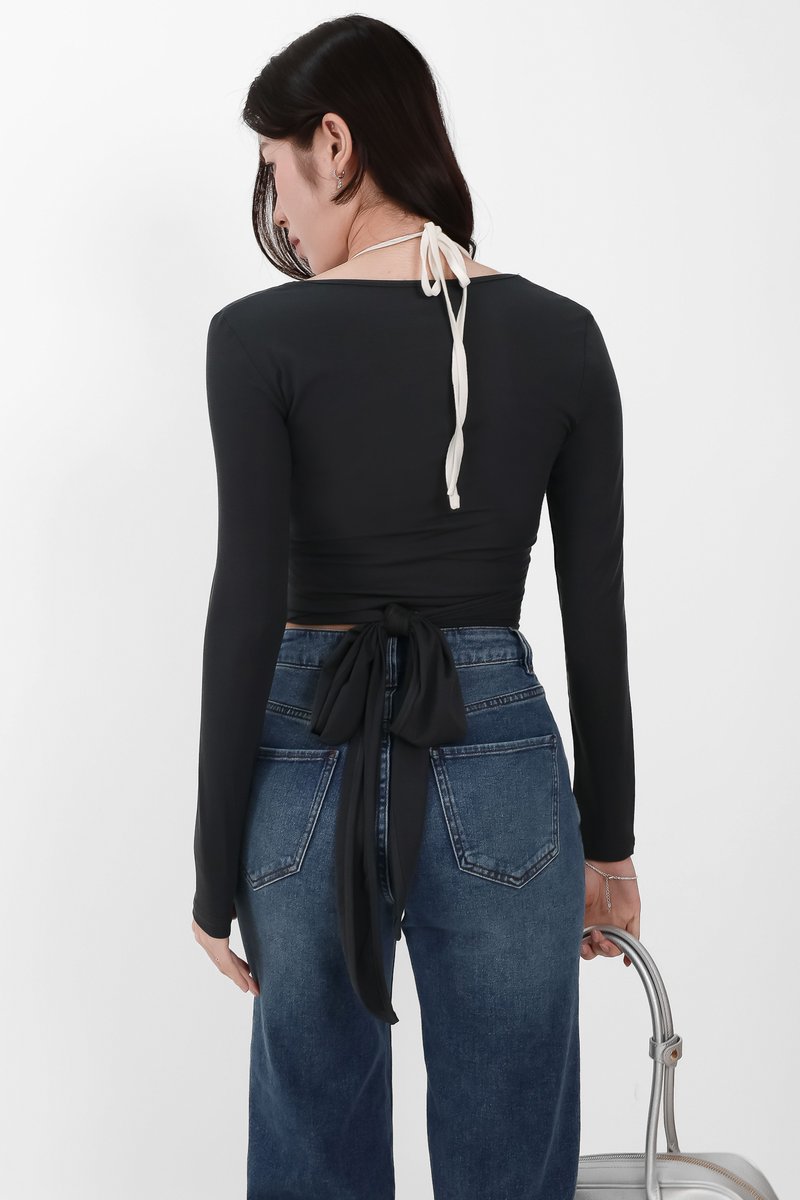 Wendy Wrap Sleeved Top in Dark Grey