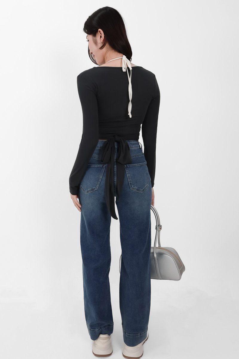 Wendy Wrap Sleeved Top in Dark Grey