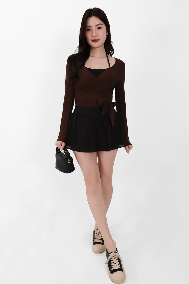 Wendy Wrap Sleeved Top in Brown
