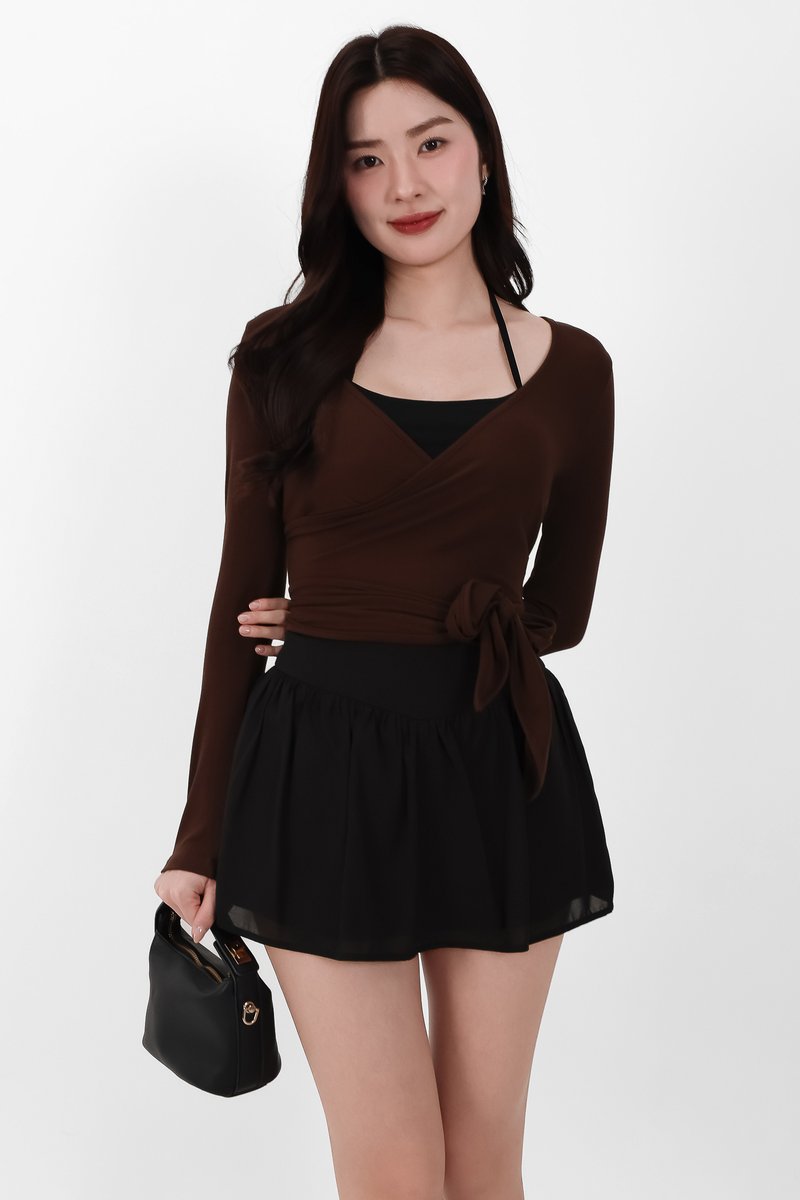 Wendy Wrap Sleeved Top in Brown