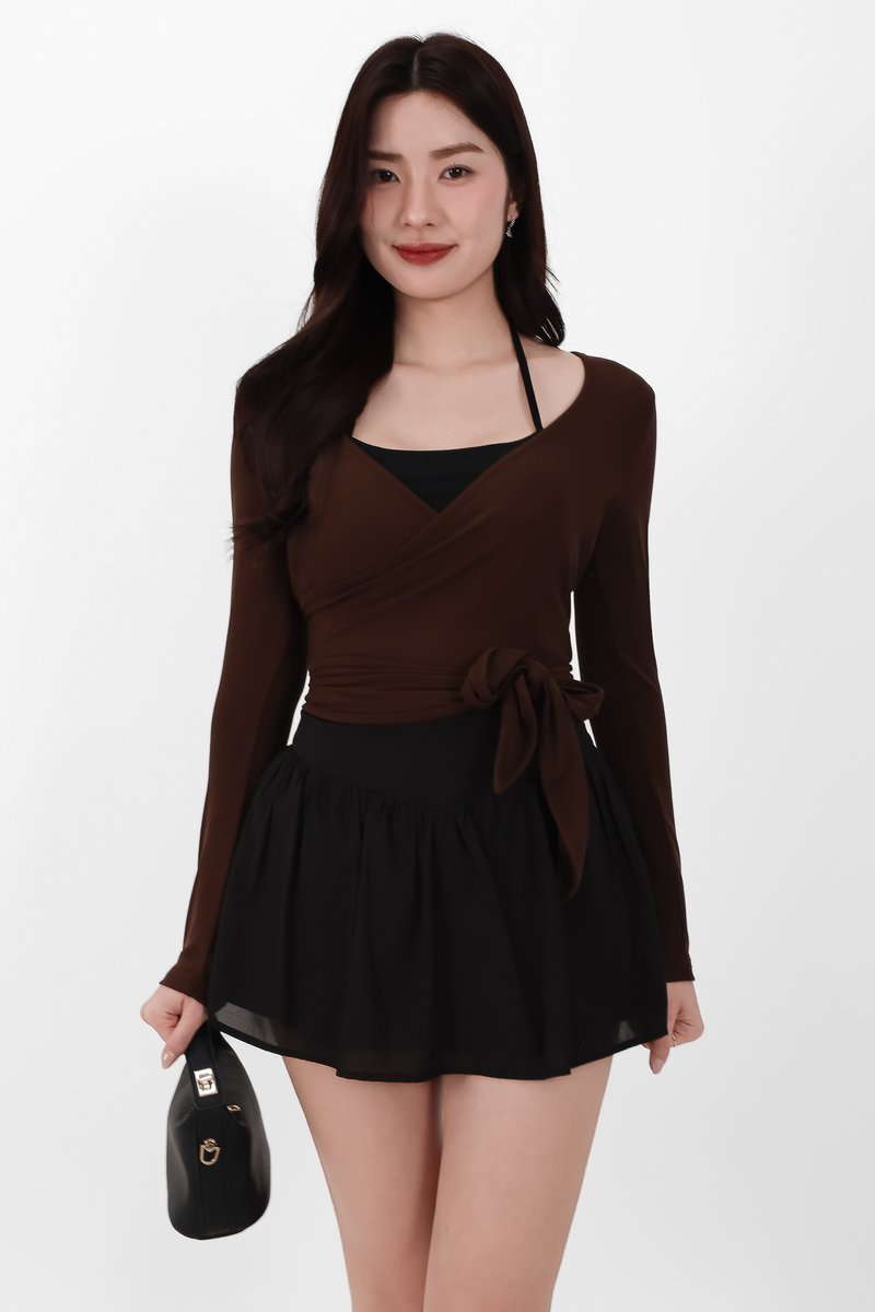 Wendy Wrap Sleeved Top in Brown