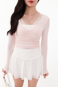CNY2026 | Lilah Lace Trim Layered Sleeved Top in Light Pink x White