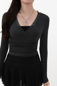 CNY2026 | Lilah Lace Trim Layered Sleeved Top in Dark Grey x Black