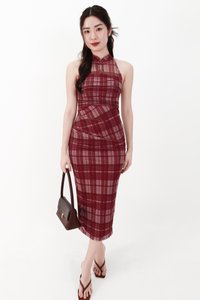 CNY2026 | Pei Plaid Mesh Cheongsam Dress in Dark Red