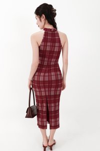 CNY2026 | Pei Plaid Mesh Cheongsam Dress in Dark Red