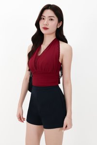 CNY2026 | Mansie Mesh x Lace Halter Top in Dark Red