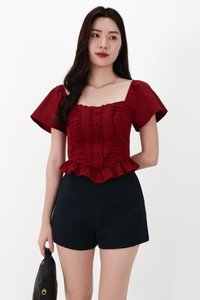 CNY2026 | Fora Flutter Sleeve Sweetheart Top in Dark Red