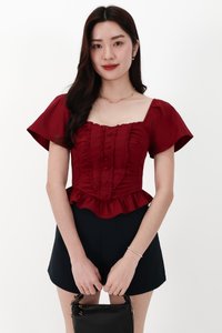 CNY2026 | Fora Flutter Sleeve Sweetheart Top in Dark Red