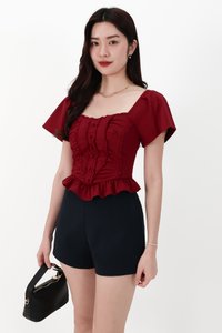 CNY2026 | Fora Flutter Sleeve Sweetheart Top in Dark Red