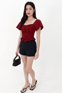 CNY2026 | Fora Flutter Sleeve Sweetheart Top in Dark Red