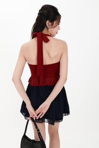 CNY2026 | Casual Women Halter Eyelet Hem Top in Dark Red