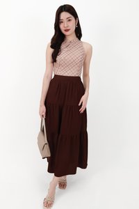 CNY2026 | Serena Satin Tiered Maxi Skirt in Dark Brown ( Petite Length )