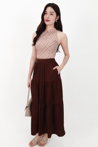 CNY2026 | Serena Satin Tiered Maxi Skirt in Dark Brown ( Petite Length )