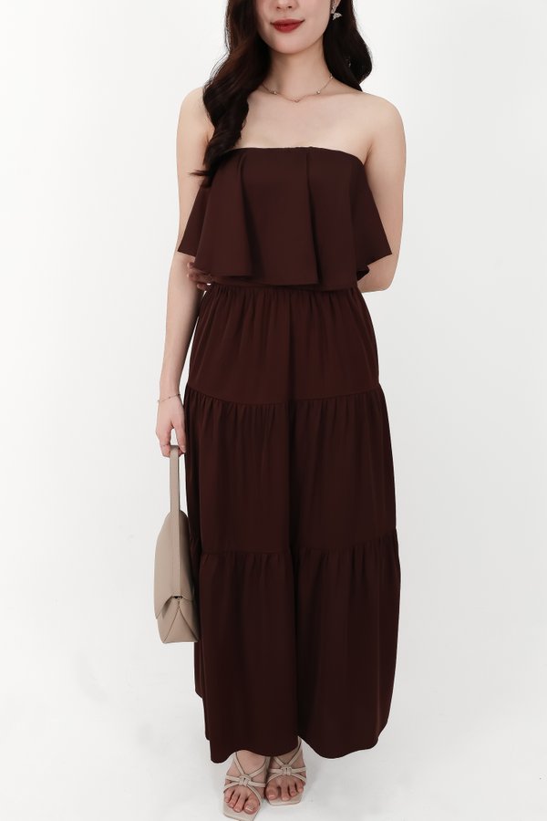 CNY2026 | Serena Satin Tiered Maxi Skirt in Dark Brown ( Regular Length )
