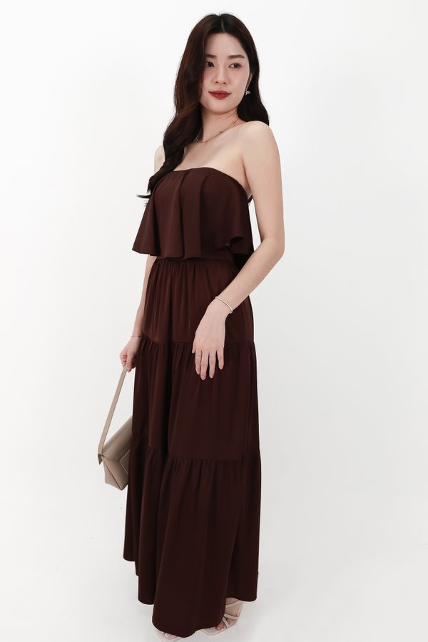 CNY2026 | Serena Satin Tiered Maxi Skirt in Dark Brown ( Regular Length )