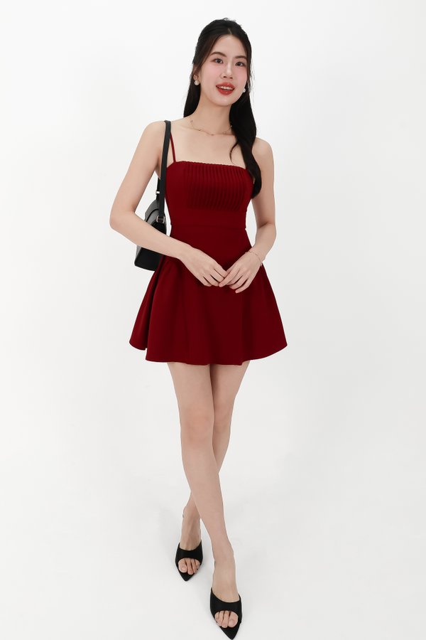 CNY2026 | Pleated Women Romper Dress in Dark Red