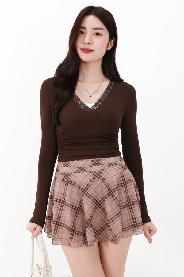 CNY2026 | Lilah Lace Trim Layered Sleeved Top in Dark Brown x White